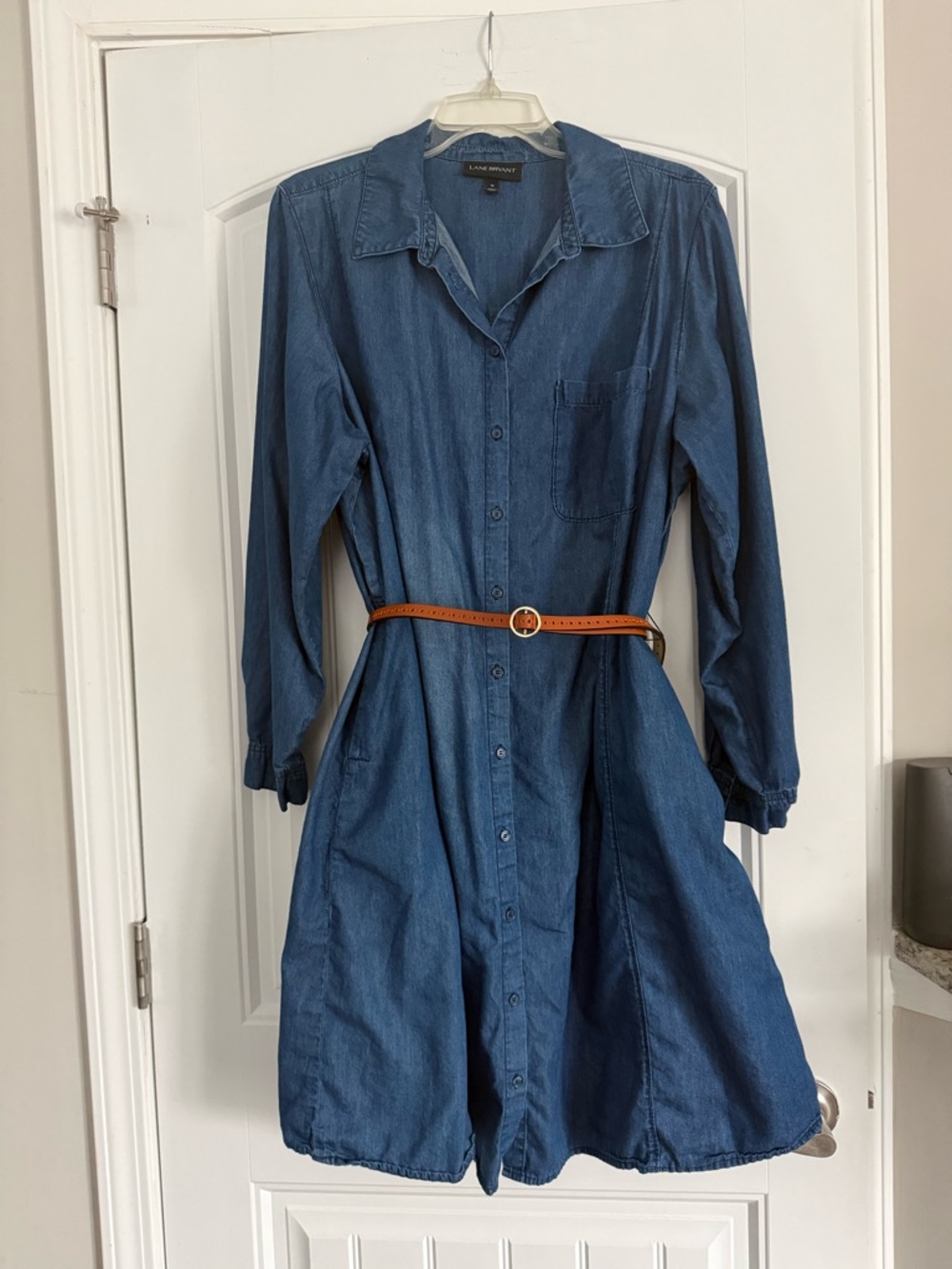 Lane Bryant Blue Denim Shirt Dress with Tan Belt cotton chambray XL